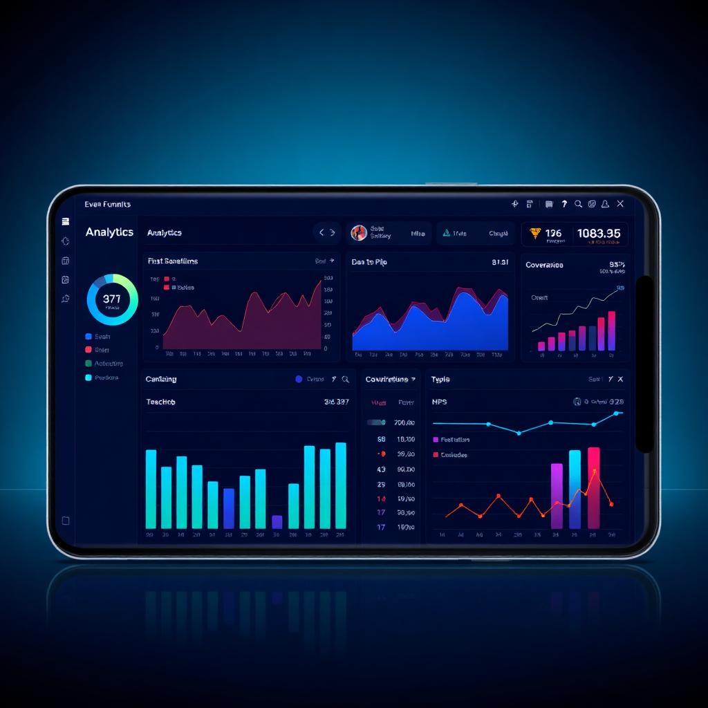 Mobile analytics dashboard with charts and funnels